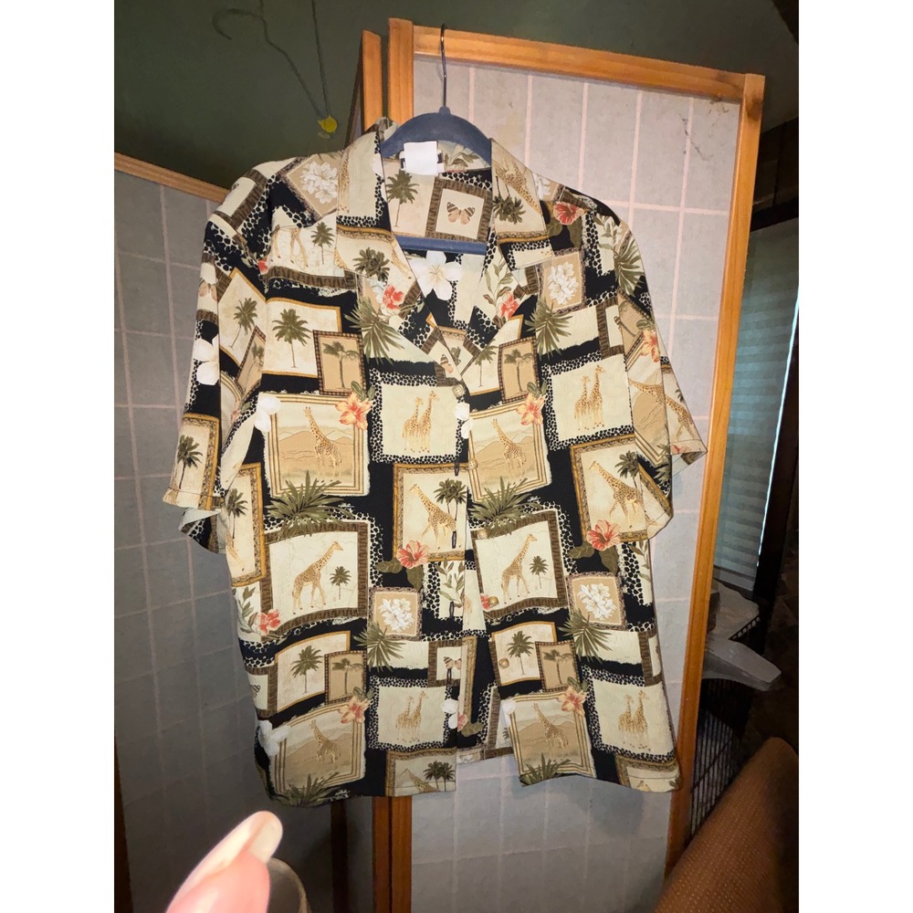 2,BonWorth Safari Giraffe Print Short Sleeve Button Up Camp Shirt XL Multicolor